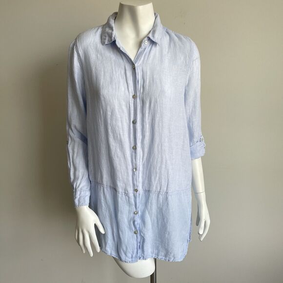 Tahari 100% Linen Roll Tab Sleeves Button Front Tunic Shirt Top Sz Medium Blue - Picture 1 of 14